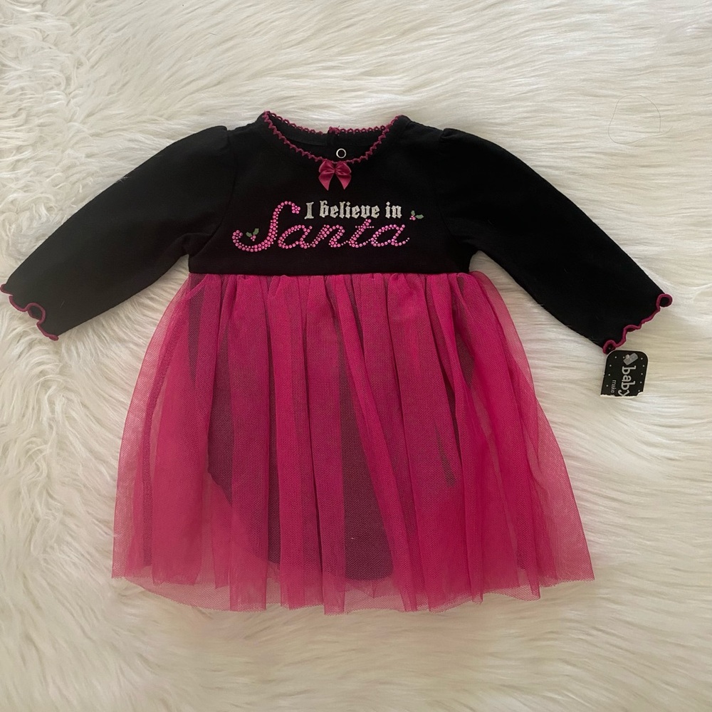 Black and Pink 'I Believe in Santa' Christmas Holiday Dress Sz 3M